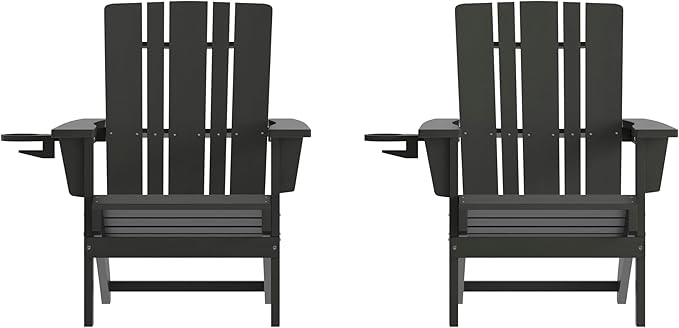 Flash Furniture Halifax Adirondack Chairs with Cup Holders, Weather Resistant Poly Resin Adirondack Chairs, Set of 2, Black