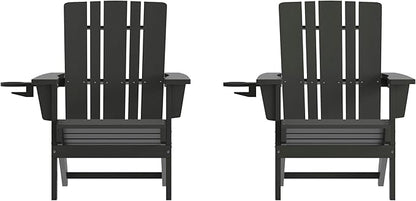 Flash Furniture Halifax Adirondack Chairs with Cup Holders, Weather Resistant Poly Resin Adirondack Chairs, Set of 2, Black