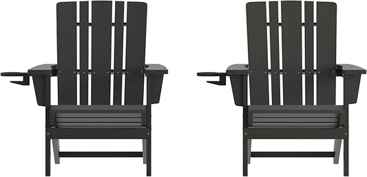 Flash Furniture Halifax Adirondack Chairs with Cup Holders, Weather Resistant Poly Resin Adirondack Chairs, Set of 2, Black