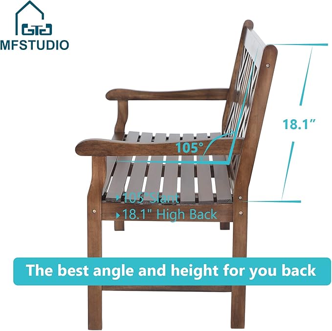 MFSTUDIO Outdoor Acacia Wood Garden Bench with Backrest and Armrest, 2-Person Slatted Seat Bench Patio Furniture for Porch Park Yard, Weight Capacity 600 lbs(Brown)