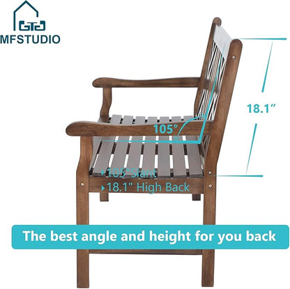MFSTUDIO Outdoor Acacia Wood Garden Bench with Backrest and Armrest, 2-Person Slatted Seat Bench Patio Furniture for Porch Park Yard, Weight Capacity 600 lbs(Brown)