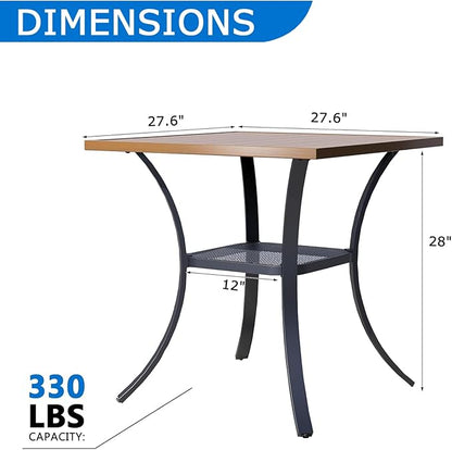 27.5'' Outdoor Patio Table with Storage Shelf, Heavy Duty 400lbs Capacity Square Metal Garden Table, All-Weather Walnut Tabletop for Deck, Balcony, Bistro, 2-4 Person