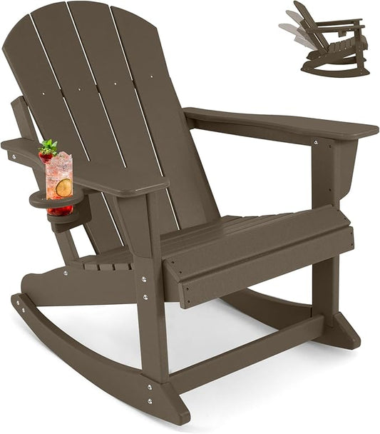 Outdoor Rocking Chair, HDPE Poly All-Weather Patio Rocking Chairs with Cup Holder for Adults, Porch Rocker for Deck Patio Balcony, 440lbs, Dark Brown