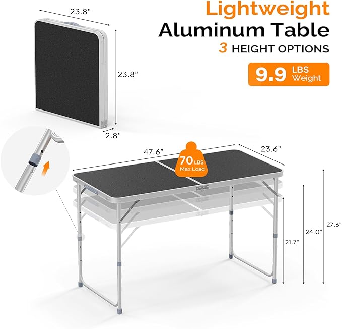 VINGLI 4FT White Folding Table with Carrying Handle Height Adjustable Lightweight Fold Up Portable for Indoor Outdoor - Photo 2