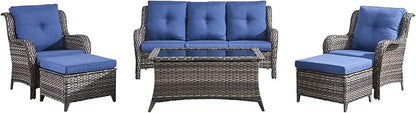 HUMMUH Outdoor Furniture 6 Pieces Patio Furniture Set Wicker Outdoor Sectional Sofa with 2 Patio Chairs,Ottomans,Coffee Table(Grey/Blue)