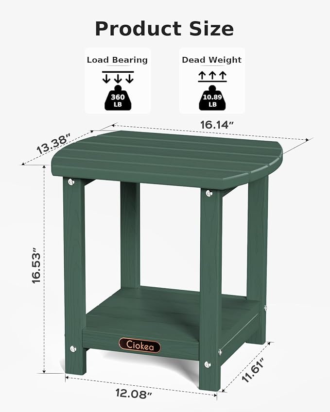 Ciokea Adirondack Outdoor Side Table, 2-Tier Sturdy Patio End Table Weather Resistant, Morden Side Table for Patio, Pool, Porch, Green