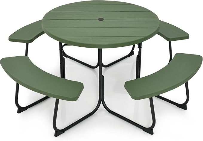 Round Picnic Table for Outdoors, 8 Person Outdoor Picnic Tables & Benches Set with Umbrella Hole - Photo 1