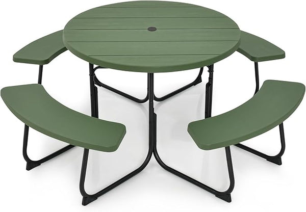 Round Picnic Table for Outdoors, 8 Person Outdoor Picnic Tables & Benches Set with Umbrella Hole - Photo 1