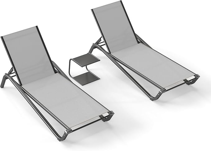 Kingdura Chaise Lounge Chair for Pool, Aluminum Outdoor Lounge Chairs with 5 Positions Recliner, Lightweight Pool Lounger Lounge Chairs for Outside Patio Deck Poolside (Grey, 2 Chairs & 1 Table)