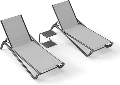 Kingdura Chaise Lounge Chair for Pool, Aluminum Outdoor Lounge Chairs with 5 Positions Recliner, Lightweight Pool Lounger Lounge Chairs for Outside Patio Deck Poolside (Grey, 2 Chairs & 1 Table)