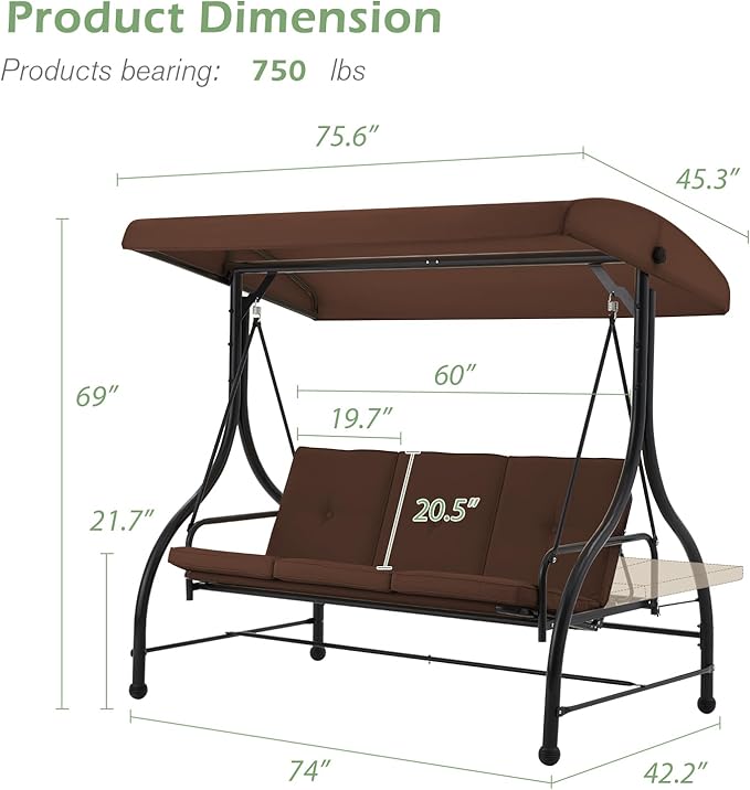 AECOJOY Porch Swing Chair, 3 Seats Porch Swing Adjustable Backrest & Canopy Outdoor Swing with Stand Patio Swing Bed with Removable Brown Cushions