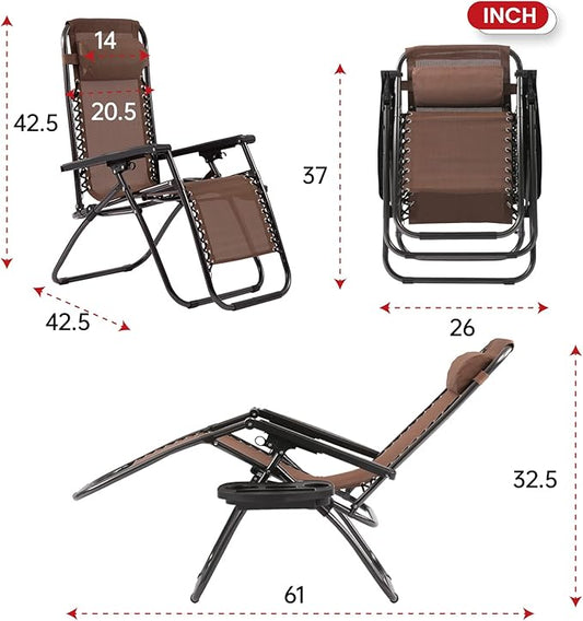 PayLessHere Adjustable Lounge Chair Beach Chair Zero Gravity Chair Folding Textilene Lawn Patio Chair with Removable Pillow and Cup Holder for Poolside Backyard Lawn Beach Set of 2,Brown