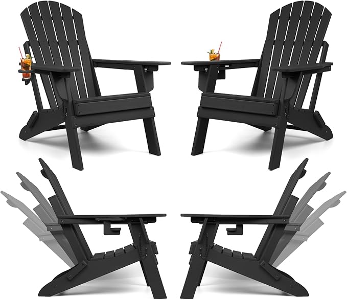 FUNBERRY Folding Adirondack Chairs Set of 4 with Adjustable Backrest, HDPE All Weather Fire Pit Chairs with Cup Holder