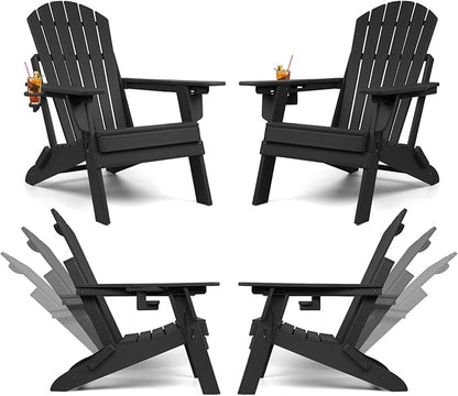 FUNBERRY Folding Adirondack Chairs Set of 4 with Adjustable Backrest, HDPE All Weather Fire Pit Chairs with Cup Holder