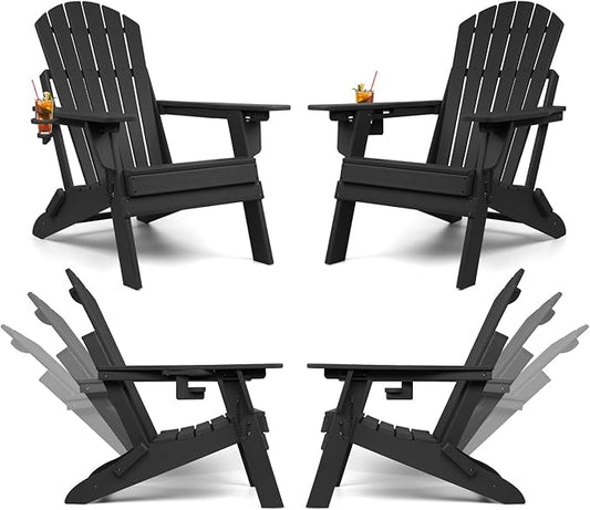 FUNBERRY Folding Adirondack Chairs Set of 4 with Adjustable Backrest, HDPE All Weather Fire Pit Chairs with Cup Holder