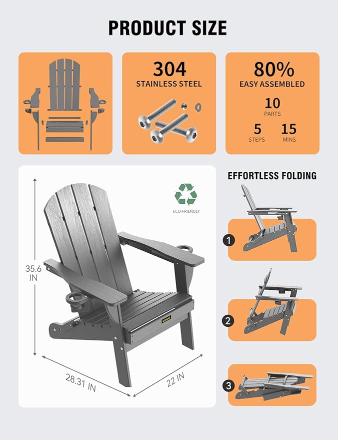 Folding Adirondack Chair Set of 2, Wooden Textured Plastic Adirondack Chairs with 2 Cup Holder, Weather Resistant HDPE Fire Pit Chair, Outdoor Patio Chairs for Garden, Backyard, Lawn, Deck, Grey