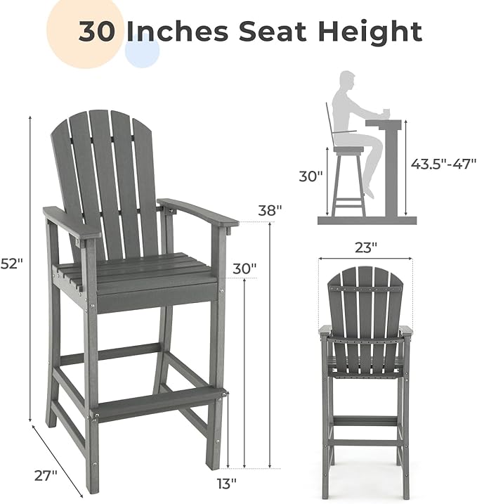 ORALNER Tall Adirondack Chairs, Set of 2 Outdoor High Back Balcony Chair, Weather Resistant HDPE Resin Plastic Bar Height Stools, 360 LBS Lifeguard Chair for Pool Patio Deck Backyard (2, Grey)