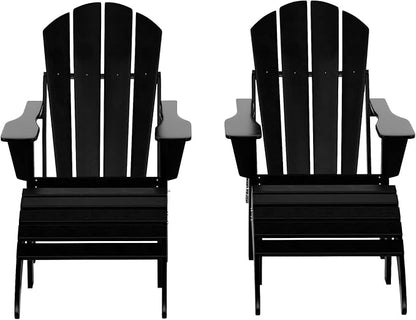 WestinTrends Malibu Outdoor Lounge Chair Set, 4-Pieces Adirondack Chair Set of 2 with Ottoman, All Weather Poly Lumber Patio Lawn Folding Chair for Outside Pool Beach, Black
