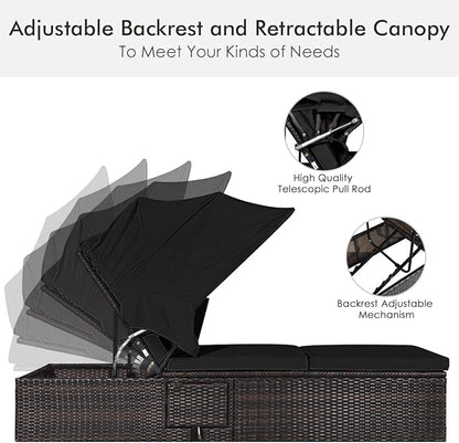 Tangkula 2PCS Outdoor Chaise Lounge Chair with Folding Canopy, Adjustable Cushioned Reclining Chair with Flip-up Tea Table, Rattan Sun Lounger for Beach Poolside Backyard Balcony Porch (2, Black)