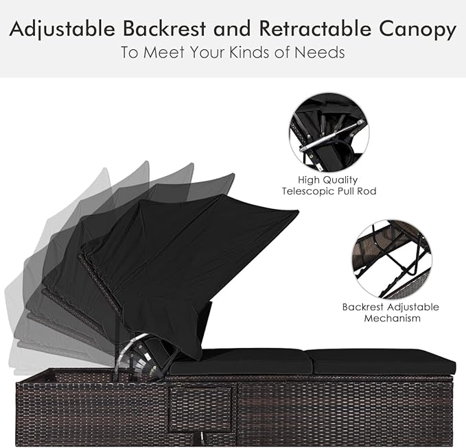 Tangkula Outdoor Chaise Lounge Chair with Folding Canopy, Adjustable Cushioned Reclining Chair with Flip-up Tea Table, Rattan Sun Lounger for Beach Poolside Backyard Balcony Porch (1, Black)