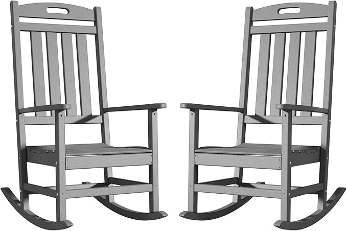 Outdoor Rocking Chair Set of 2, High Back Plastic Patio Rocking Chairs for Outside Porch Rocker Garden Lawn, All-Weather Resistant Poly Lumber Rocker Chair Outdoor, Slate Grey
