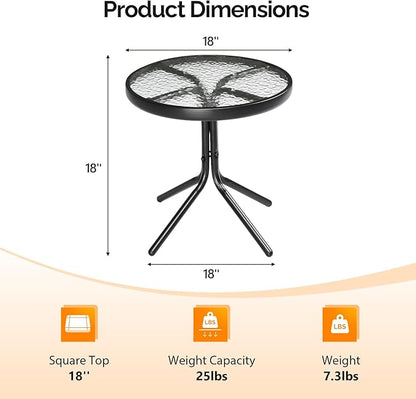 VINGLI Outdoor Side Table, 18" Patio Table Steel Frame Tempered Glass Top, Weatherproof Small Tables for Balcony Garden Poolside (Black, Round)