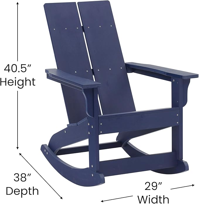 Flash Furniture Finn Modern Commercial Grade Poly Resin Wood Adirondack Rocking Chair - All Weather Navy Polystyrene - Dual Slat Back - Stainless Steel Hardware