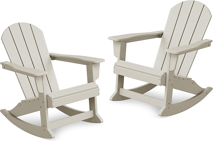 Costaelm Outdoor Adirondack Chair Set of 2, All Weather Resistant Classic Balcony Chair and Fire Pit Chairs, Adirondack Plastic Outdoor Porch Furniture Rocking Chair High Back HDPE Poly Lumber, Sand
