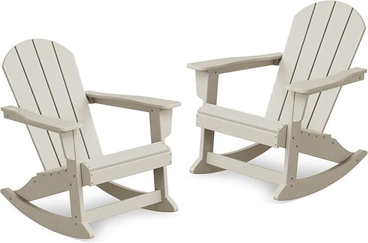 Costaelm Outdoor Adirondack Chair Set of 2, All Weather Resistant Classic Balcony Chair and Fire Pit Chairs, Adirondack Plastic Outdoor Porch Furniture Rocking Chair High Back HDPE Poly Lumber, Sand