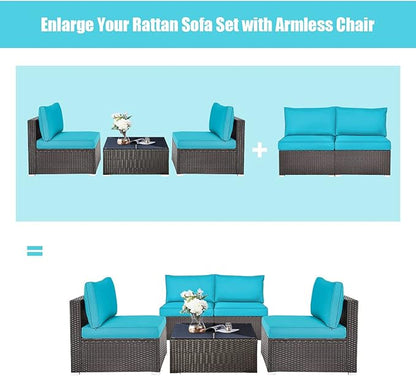 DORTALA 2 Piece Wicker Sectional Armless Chairs, Outdoor Rattan Sectional Sofa Set w/Cushions for Seat and Back, Additional Seats for Garden Balcony Patio Poolside, Turquoise