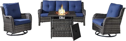 Belord 4 Piece Patio Wicker Furniture Set, Outdoor Swivel Rocker Chairs, All Weather Outdoor Patio Couch with Fire Pit Table for Deck Porch, Gray Wicker/Blue