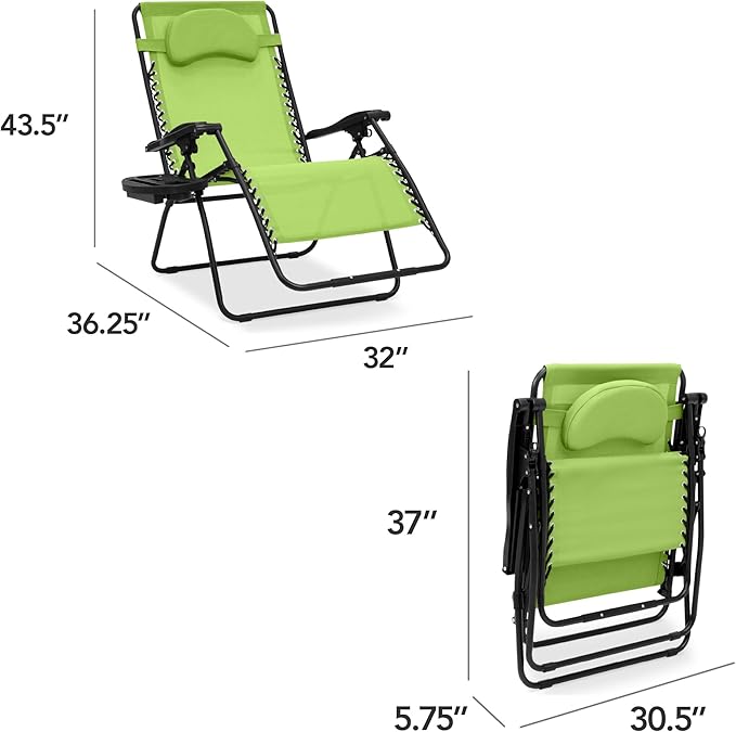 Best Choice Products Oversized Zero Gravity Chair, Folding Outdoor Patio Lounge Recliner w/Cup Holder Accessory Tray, Pillow - Lime Green