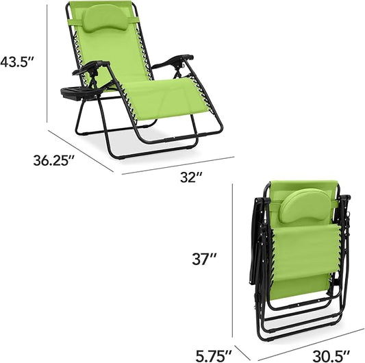 Best Choice Products Oversized Zero Gravity Chair, Folding Outdoor Patio Lounge Recliner w/Cup Holder Accessory Tray, Pillow - Lime Green