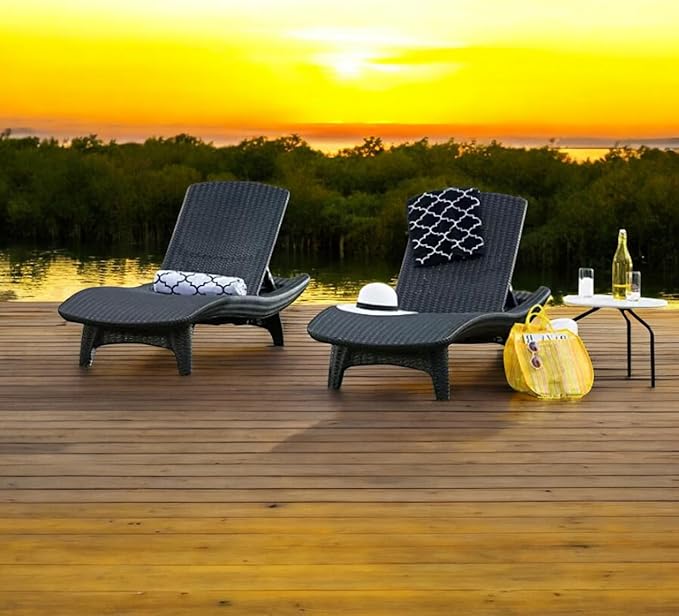 Outdoor Patio Chaise Lounge Chairs, All-Weather Wicker Rattan, Adjustable Backrest, Set of 2 (Gray)