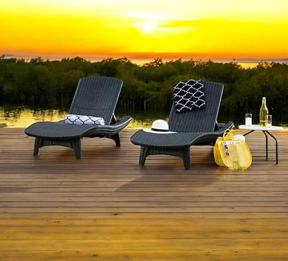 Outdoor Patio Chaise Lounge Chairs, All-Weather Wicker Rattan, Adjustable Backrest, Set of 2 (Gray)