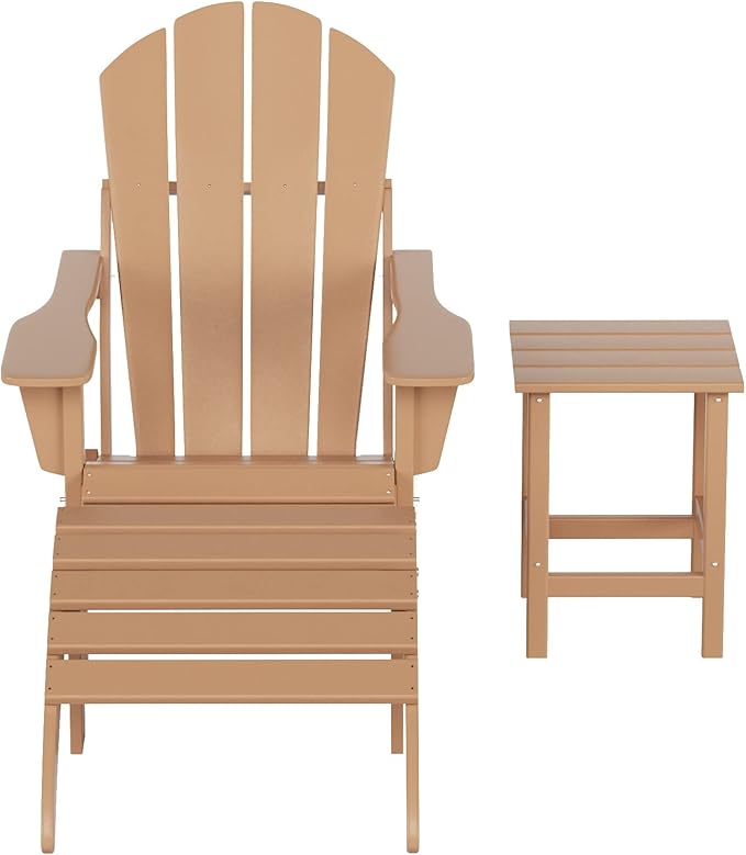 WestinTrends Malibu Outdoor Lounge Chairs, 3-Pieces Adirondack Chair Set with Ottoman and Side Table, All Weather Poly Lumber Patio Lawn Folding Chair for Outside Pool Garden Backyard, Teak
