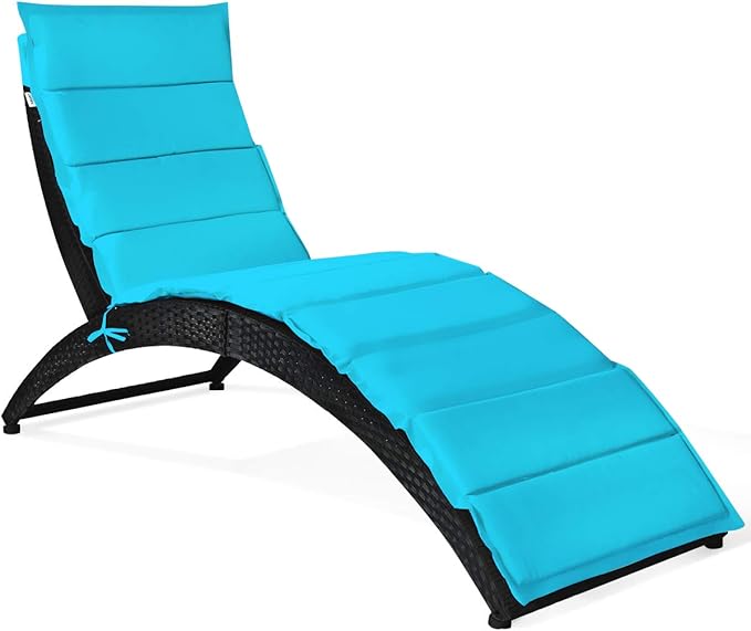 COSTWAY Folding Rattan Lounge Chair Outdoor, Patio Wicker Chaise Lounge with Soft Cushion - Photo 1