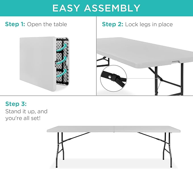 Best Choice Products 8ft Plastic Folding Table, Indoor Outdoor Heavy Duty Portable w/Handle, Lock for Picnic, Party - Photo 6