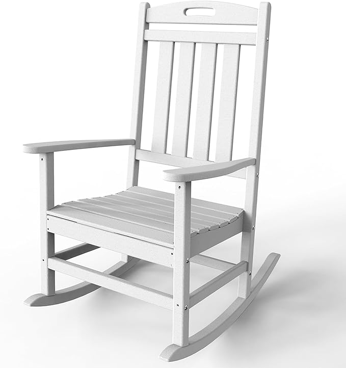 Outdoor Rocking Chair, High Back HDPE Patio Chair, All Weather Rocker Porch Chair, Lawn Chair for Deck, Porch, Backyard, Garden and Indoor, White