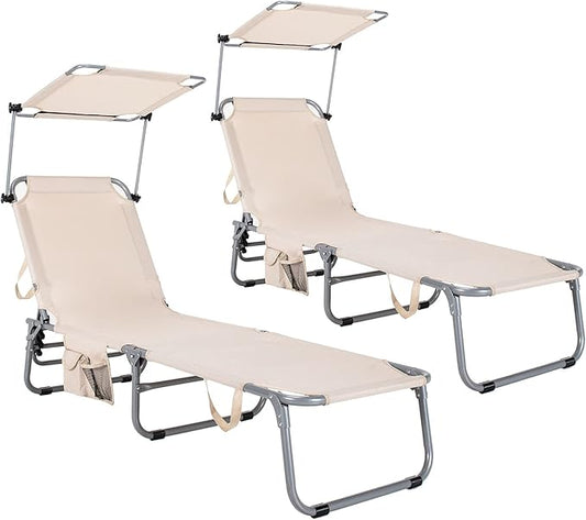 Goplus Tanning Chair, Foldable Beach Lounge Chair with 360°Canopy Sun Shade, Side Pocket, 5-Position Adjustable Outdoor Chaise Lounge Chair for Patio Pool Yard Lawn (2, Beige)