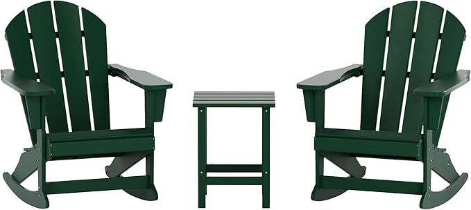 WO WESTIN OUTDOOR HDPE Laguna Outdoor Rocking Poly Adirondack Chair with Side Table 3-Piece Set, Dark Green