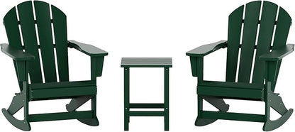 WO WESTIN OUTDOOR HDPE Laguna Outdoor Rocking Poly Adirondack Chair with Side Table 3-Piece Set, Dark Green