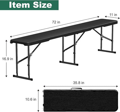 6ft Folding Bench 2 Pack, Plastic Folding Bench for Picnic Camping Dining Party Garden, 6 feet Foldable Benches for Soccer Multipurpose Entertaining Activities, Smooth HDPE Tabletop, Black
