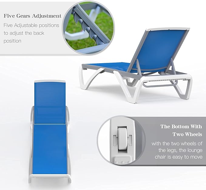 Domi Outdoor Lounge Chair, Aluminum Patio Chaise Lounge with 5 Position Adjustable Backrest and Wheels, All Weather Reclining Chair with Side Table for Patio, Yard,Balcony,Poolside (Blue)
