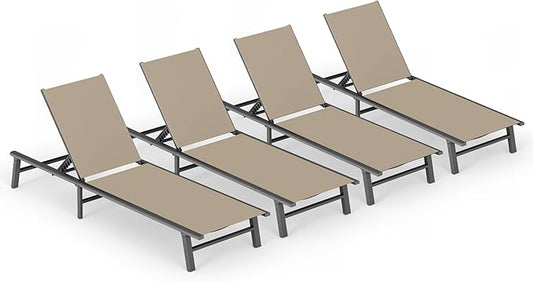 Ciokea Foldable Outdoor Lounge Chair Set of 4, No Assembly Aluminum Chaise Lounge Outdoor with 5-Positions, Aluminum Pool Lounge Chairs with Portable Design for Poolside, Beach, Deck, Patio, Khaki