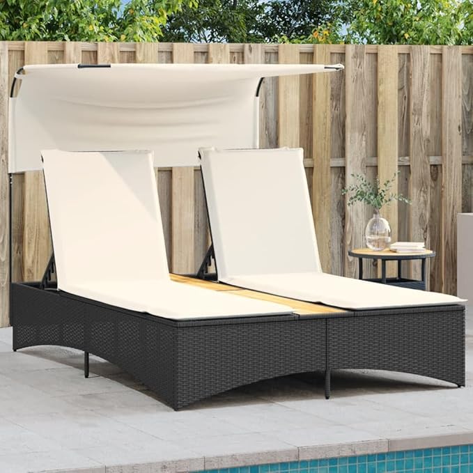 Outdoor Double Sun Lounger with Canopy 62"x21" Adjustable PE Rattan Black Pool Chaise Lounge Chair for Patio Garden - Photo 2