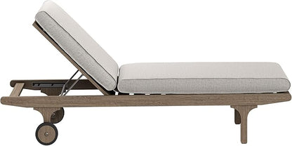 Modway Saratoga Teak Outdoor Chaise Lounge Chair in Pebble – Adjustable Wood Pool Lounge Chair with Wheels and Cushions