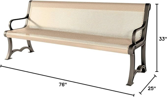 COATEDOUTDOORFURNITURE Coated Outdoor Furniture Heavy-Duty Outdoor Bench Thermoplastic Coated, Punched Steel, Commercial-Grade Garden Bench, Made in America (Portable with Back, 6 Ft, Tan)
