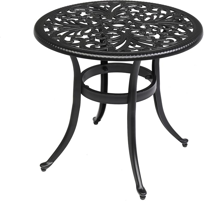 Cast Aluminum Round Table with 2 inch Umbrella Hole, Outdoor Patio End Side Table, Cocktail Coffee Bistro Table Weather Resistance, Adjustable Foot Pads for Garden, Porch, Balcony Black