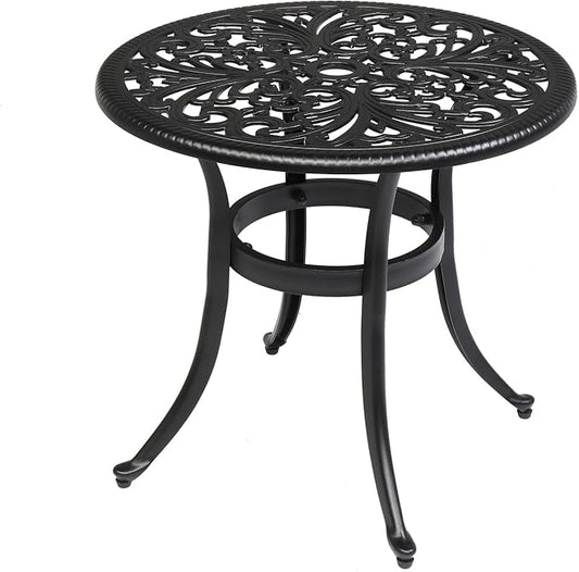 Cast Aluminum Round Table with 2 inch Umbrella Hole, Outdoor Patio End Side Table, Cocktail Coffee Bistro Table Weather Resistance, Adjustable Foot Pads for Garden, Porch, Balcony Black